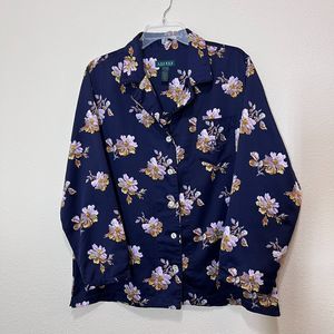 Lauren Ralph Women Pajama Top Size XL Blue Floral Button Up Embroidered LRL Logo